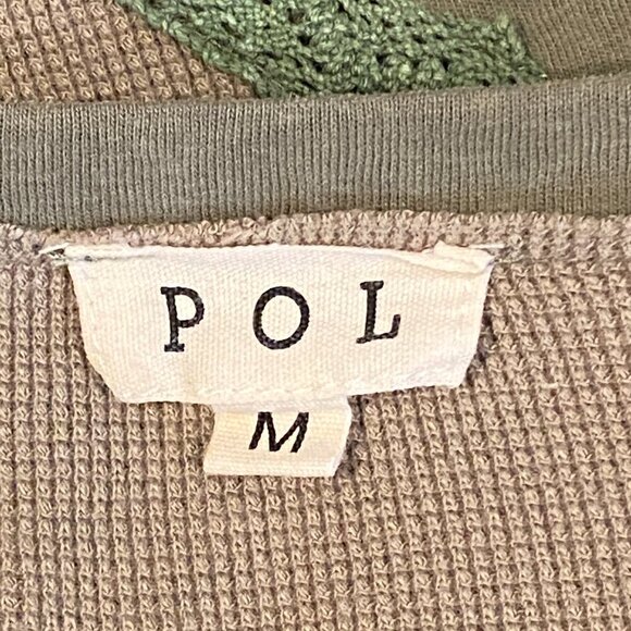 POL V-Neck Long Sleeve Exposed Seam Waffle Knit Mixed Media Top M Khaki #141V - Picture 6 of 8